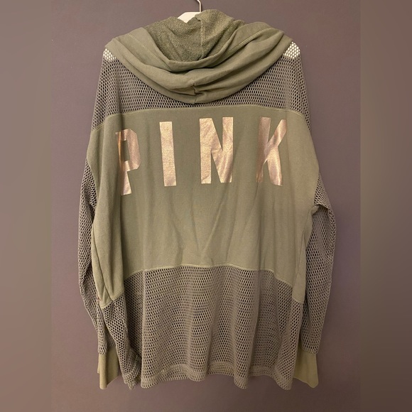 ❌SOLD❌ VS PINK FISHNET MESH HIGH LOW HOODIE SWEATSHIRT OLIVE GREEN & ROSE GOLD - Picture 6 of 8